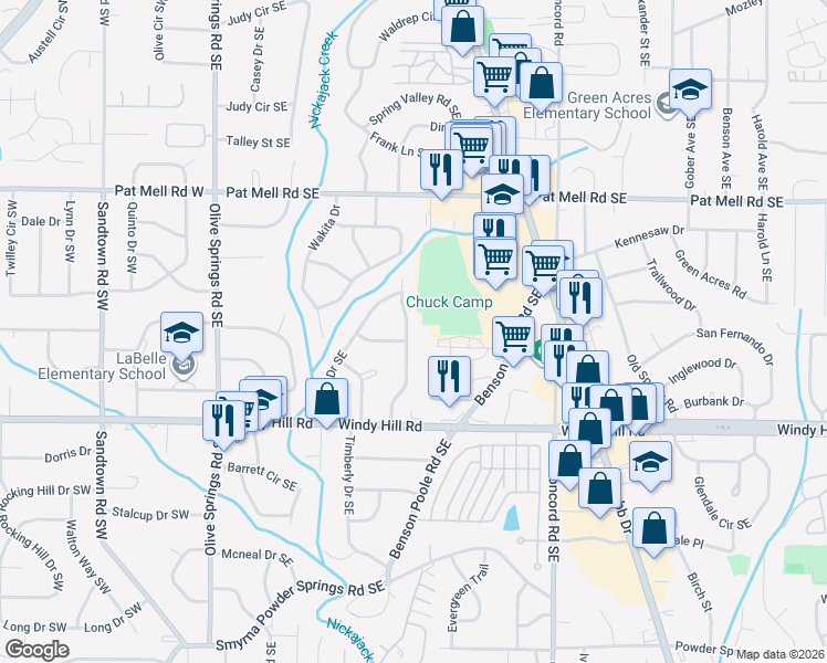 map of restaurants, bars, coffee shops, grocery stores, and more near 2273 Wynona Drive Southeast in Marietta