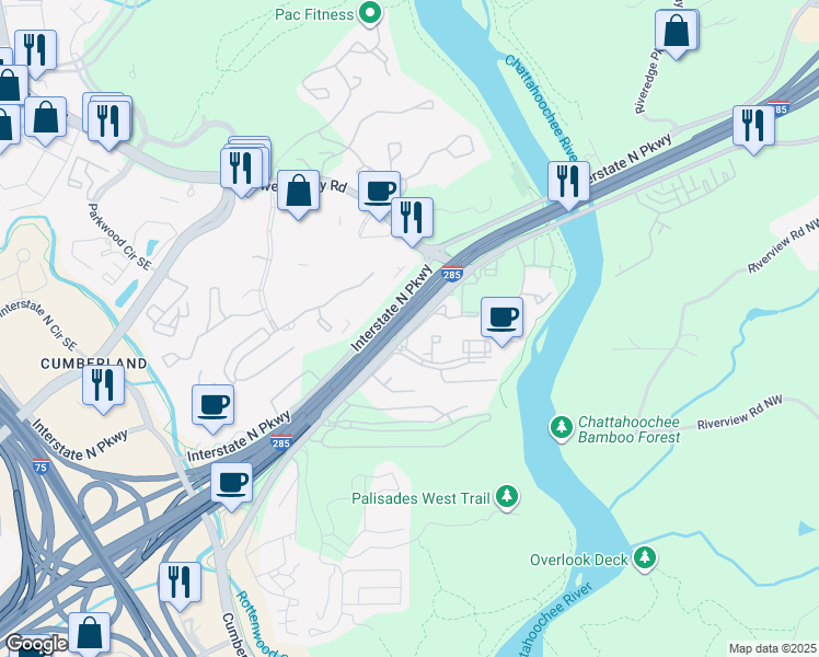 map of restaurants, bars, coffee shops, grocery stores, and more near 3732 Akers Mill Rd in Atlanta