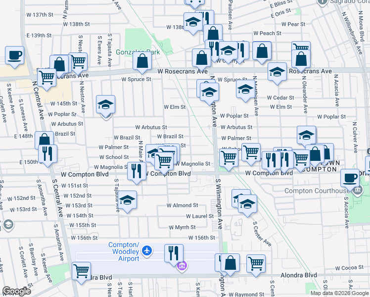 map of restaurants, bars, coffee shops, grocery stores, and more near 912 West School Street in Compton
