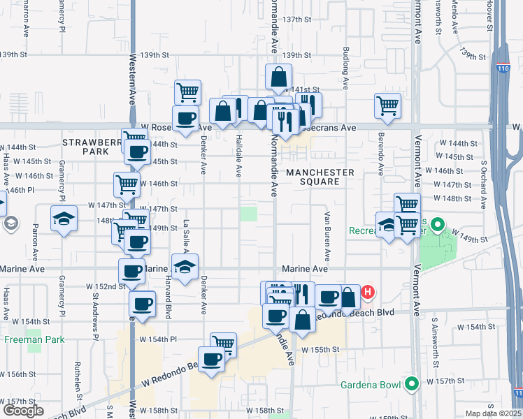 map of restaurants, bars, coffee shops, grocery stores, and more near in Gardena