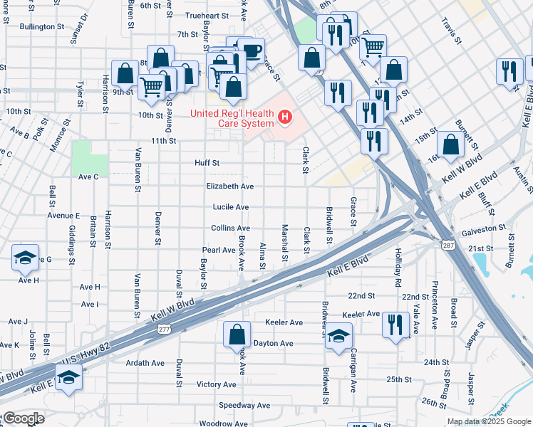 map of restaurants, bars, coffee shops, grocery stores, and more near 1653 Lucile Avenue in Wichita Falls