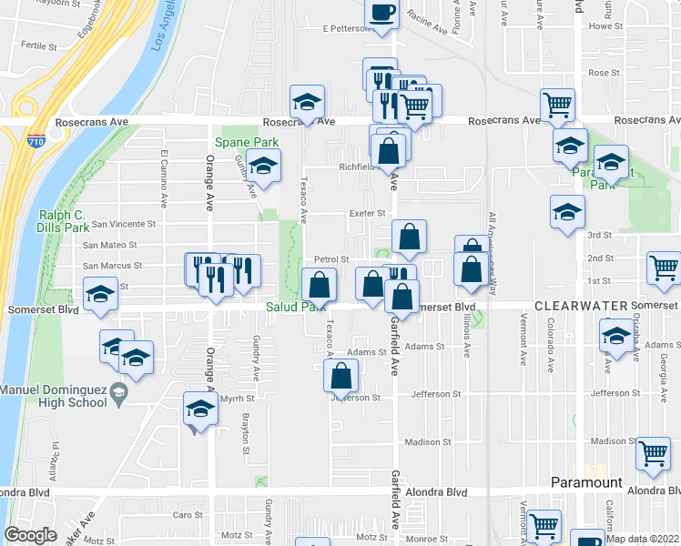 map of restaurants, bars, coffee shops, grocery stores, and more near 7250 Petrol Street in Paramount