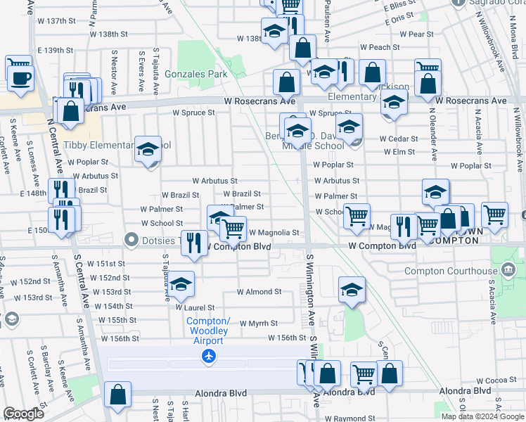 map of restaurants, bars, coffee shops, grocery stores, and more near 910 West Palmer Street in Compton