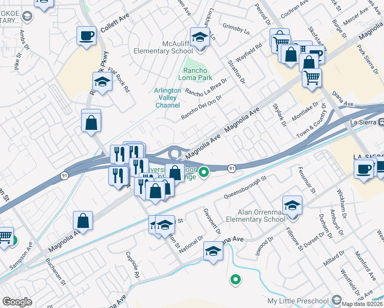 map of restaurants, bars, coffee shops, grocery stores, and more near 11530 Magnolia Avenue in Riverside