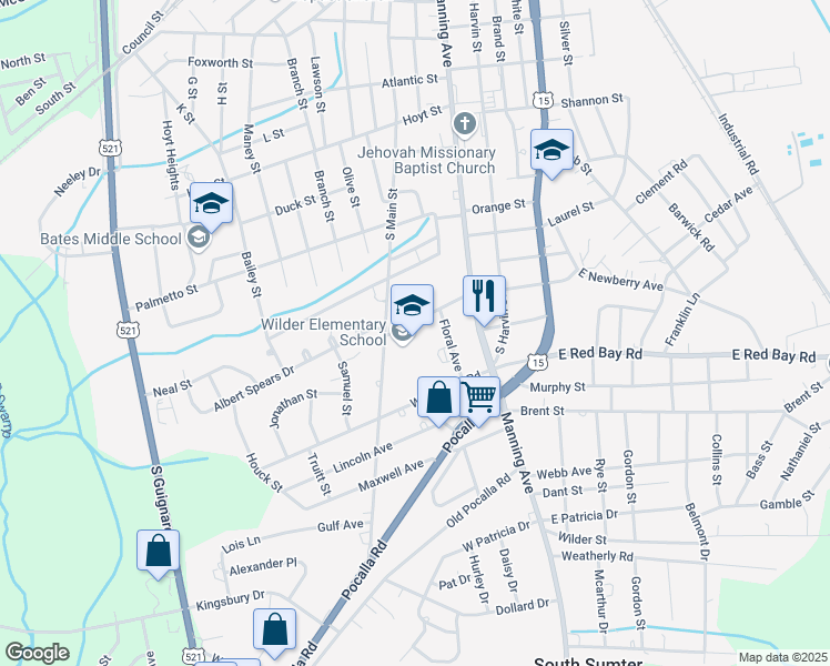 map of restaurants, bars, coffee shops, grocery stores, and more near 975 South Main Street in Sumter
