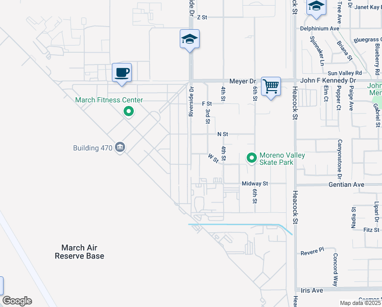 map of restaurants, bars, coffee shops, grocery stores, and more near 5118 Riverside Drive in March Air Reserve Base
