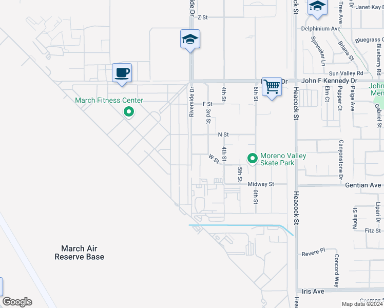 map of restaurants, bars, coffee shops, grocery stores, and more near 5118 Riverside Drive in March Air Reserve Base