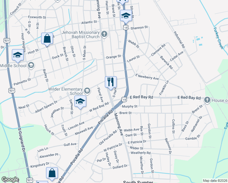 map of restaurants, bars, coffee shops, grocery stores, and more near 948-998 South Harvin Street in Sumter