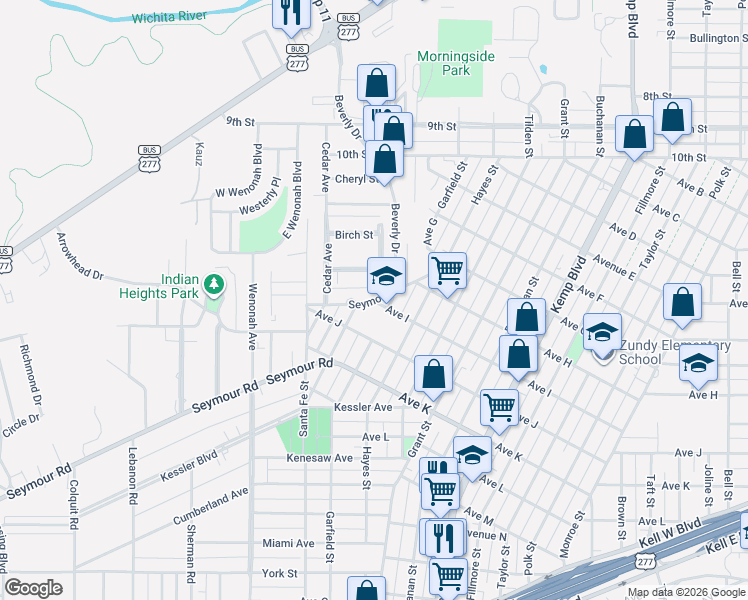 map of restaurants, bars, coffee shops, grocery stores, and more near 3199 Ave I in Wichita Falls