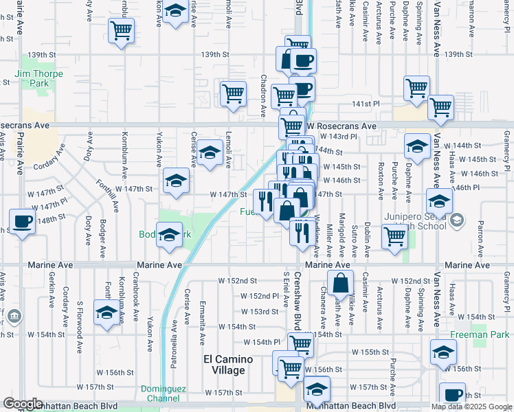 map of restaurants, bars, coffee shops, grocery stores, and more near 14719 Chadron Avenue in Gardena