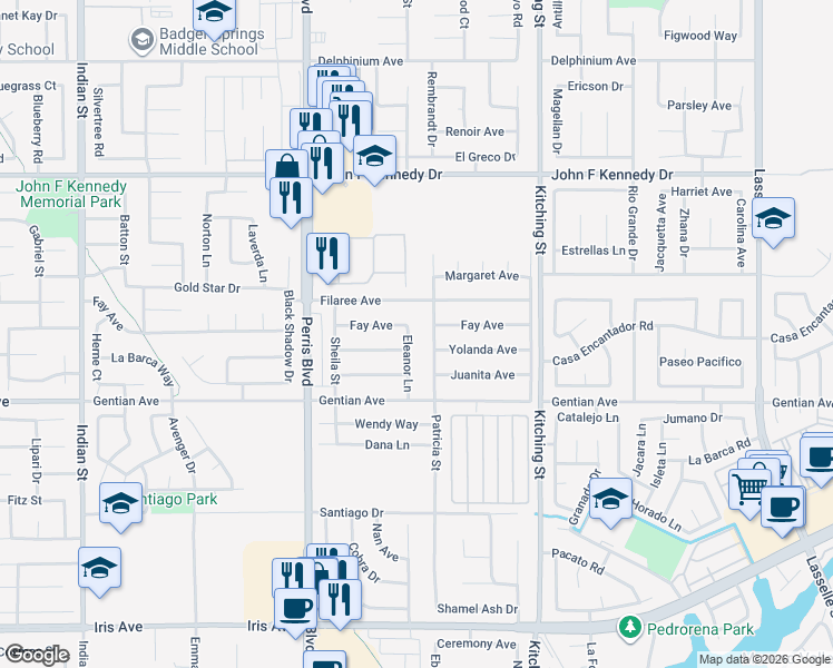 map of restaurants, bars, coffee shops, grocery stores, and more near 15394 Eleanor Lane in Moreno Valley