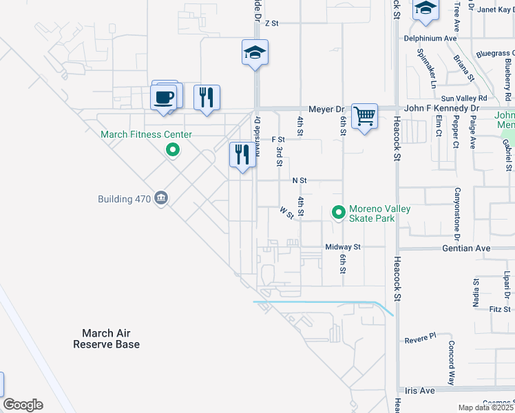 map of restaurants, bars, coffee shops, grocery stores, and more near 5500-5536 Riverside Drive in March Air Reserve Base