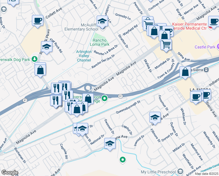 map of restaurants, bars, coffee shops, grocery stores, and more near 11520 Magnolia Avenue in Riverside
