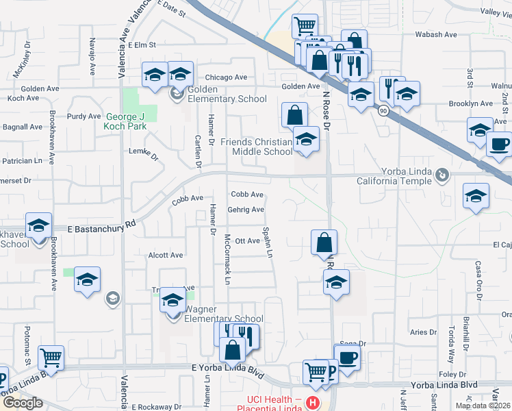 map of restaurants, bars, coffee shops, grocery stores, and more near 1914 Spahn Lane in Placentia
