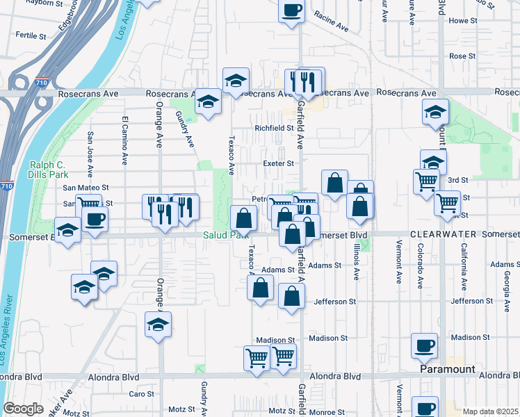 map of restaurants, bars, coffee shops, grocery stores, and more near 7249 Somerset Boulevard in Paramount