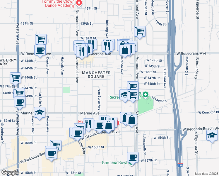 map of restaurants, bars, coffee shops, grocery stores, and more near 14822 Budlong Avenue in Gardena
