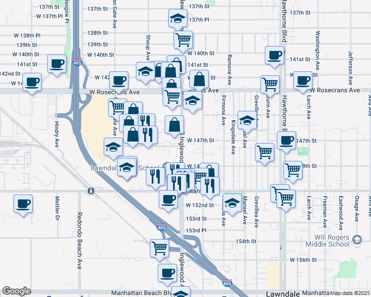 map of restaurants, bars, coffee shops, grocery stores, and more near 14808 Inglewood Avenue in Lawndale