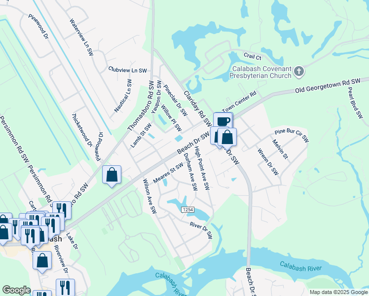 map of restaurants, bars, coffee shops, grocery stores, and more near 1004 Durham Ave SW in Calabash