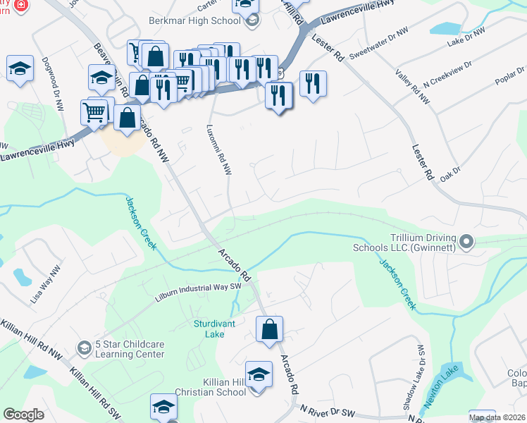 map of restaurants, bars, coffee shops, grocery stores, and more near 285 Tambec Trce Northwest in Lilburn