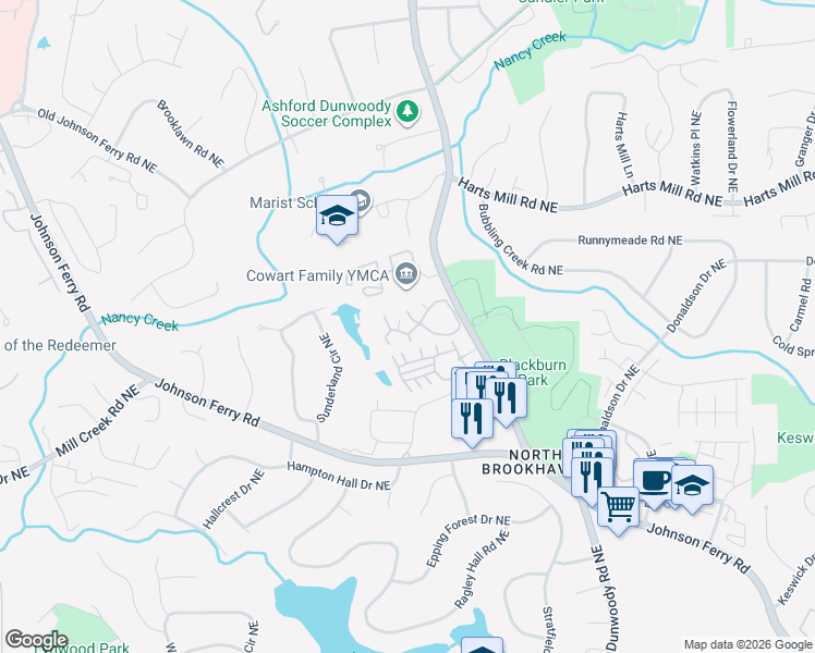 map of restaurants, bars, coffee shops, grocery stores, and more near 3650 Ashford Dunwoody Road Northeast in Brookhaven