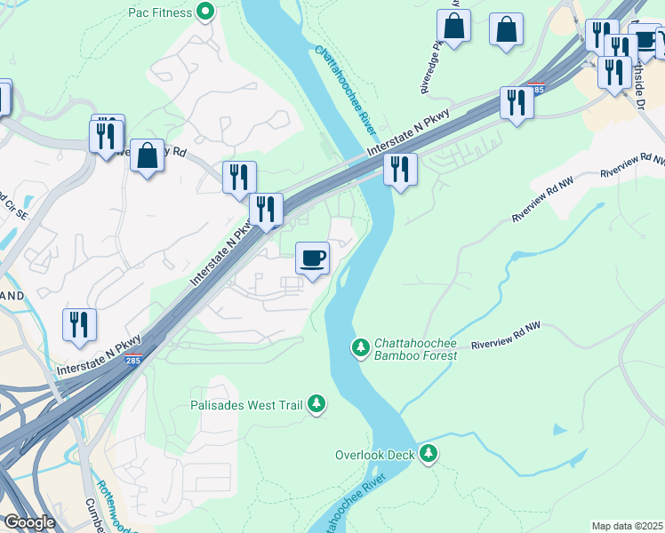 map of restaurants, bars, coffee shops, grocery stores, and more near 1001 Riverbend Club Drive Southeast in Atlanta