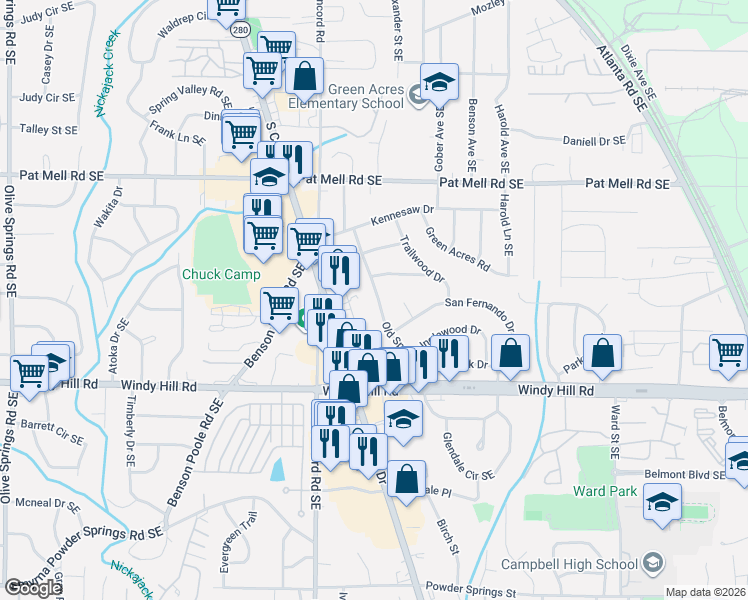 map of restaurants, bars, coffee shops, grocery stores, and more near 2301 Old Spring Road in Smyrna