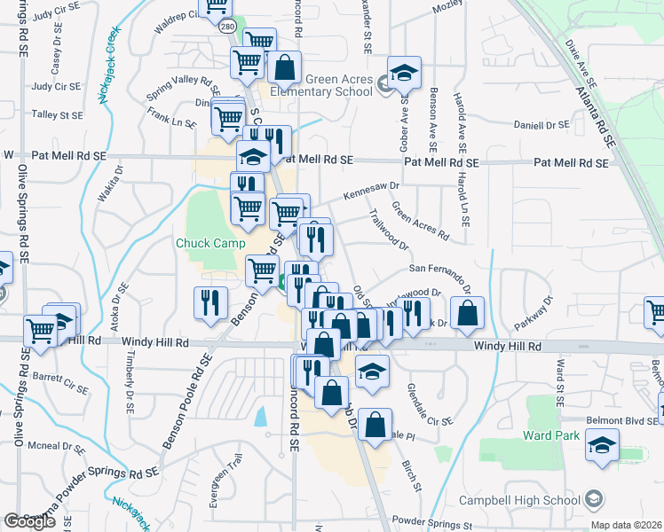 map of restaurants, bars, coffee shops, grocery stores, and more near 2306 Ventura Road in Smyrna