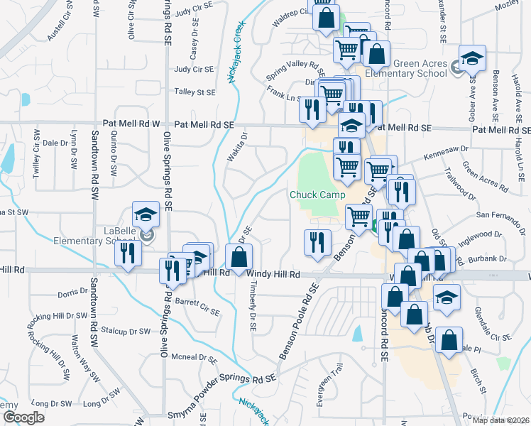 map of restaurants, bars, coffee shops, grocery stores, and more near 208 Okemah Trail in Marietta