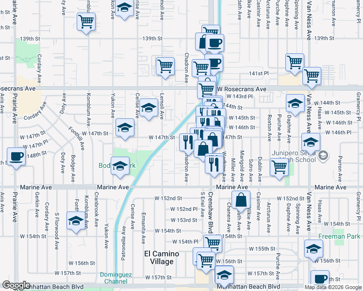 map of restaurants, bars, coffee shops, grocery stores, and more near 14719 Chadron Avenue in Gardena