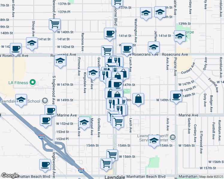 map of restaurants, bars, coffee shops, grocery stores, and more near 14809 Hawthorne Boulevard in Lawndale