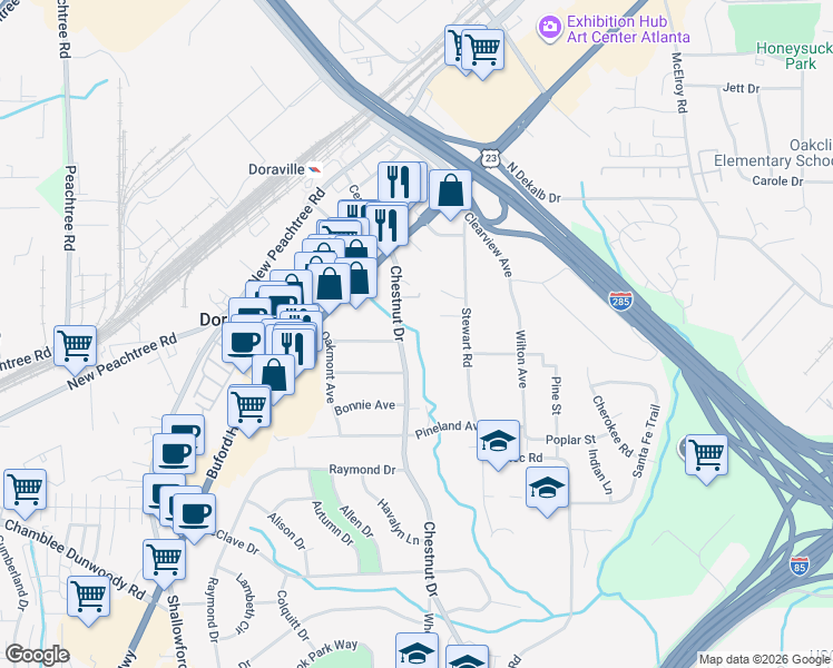map of restaurants, bars, coffee shops, grocery stores, and more near 3611 Chestnut Drive in Doraville