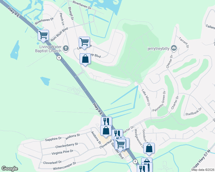 map of restaurants, bars, coffee shops, grocery stores, and more near Sun Colony Boulevard in Little River