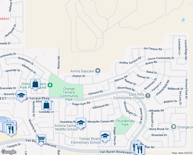 map of restaurants, bars, coffee shops, grocery stores, and more near 8469 Applegate Court in Riverside