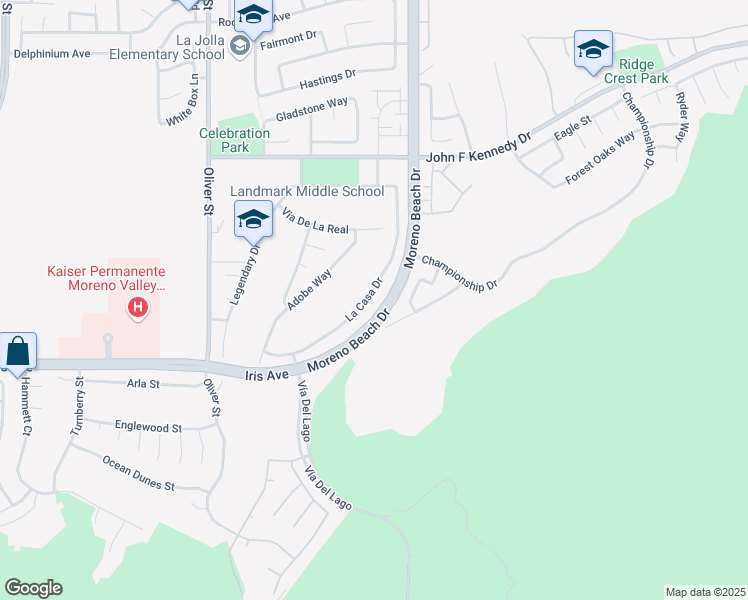 map of restaurants, bars, coffee shops, grocery stores, and more near 15320 La Casa Drive in Moreno Valley