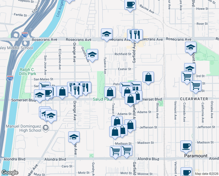 map of restaurants, bars, coffee shops, grocery stores, and more near 7218 Petrol Street in Paramount