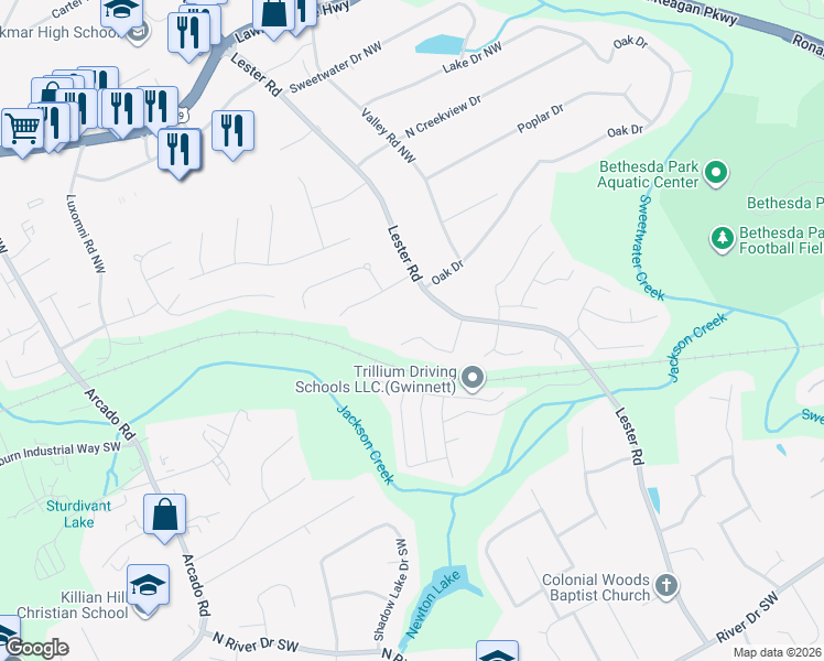 map of restaurants, bars, coffee shops, grocery stores, and more near 3874 Scarsborough Drive Southwest in Lawrenceville