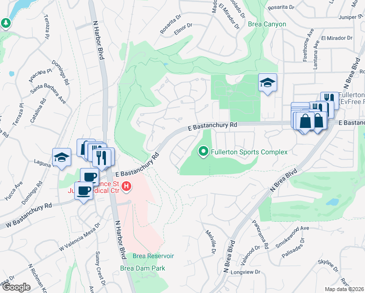 map of restaurants, bars, coffee shops, grocery stores, and more near 465 Periwinkle Street in Fullerton