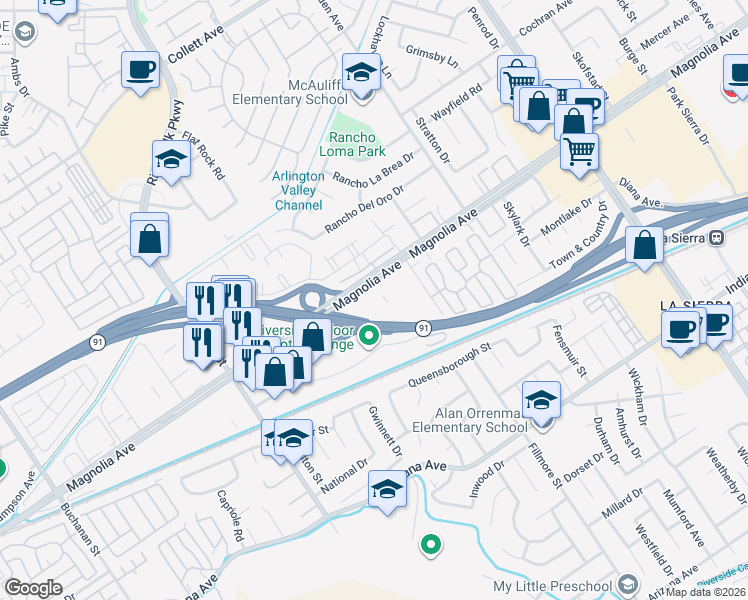 map of restaurants, bars, coffee shops, grocery stores, and more near 11520 Magnolia Avenue in Riverside