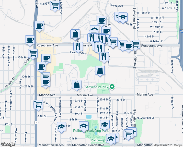 map of restaurants, bars, coffee shops, grocery stores, and more near 26 Monterey Court in Manhattan Beach