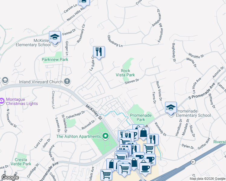 map of restaurants, bars, coffee shops, grocery stores, and more near 2350 Steven Drive in Corona
