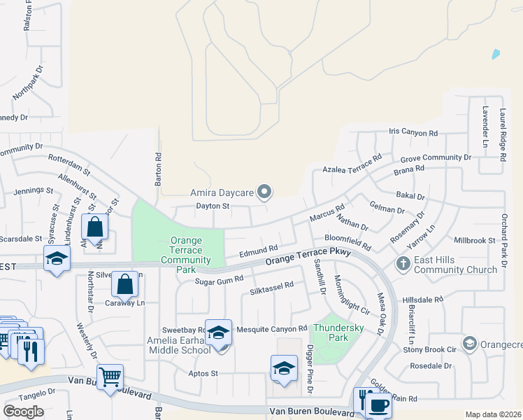 map of restaurants, bars, coffee shops, grocery stores, and more near 8441 Applegate Court in Riverside