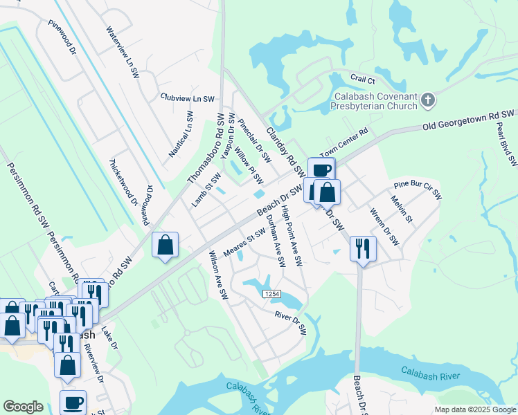 map of restaurants, bars, coffee shops, grocery stores, and more near 9080 Beach Drive Southwest in Calabash