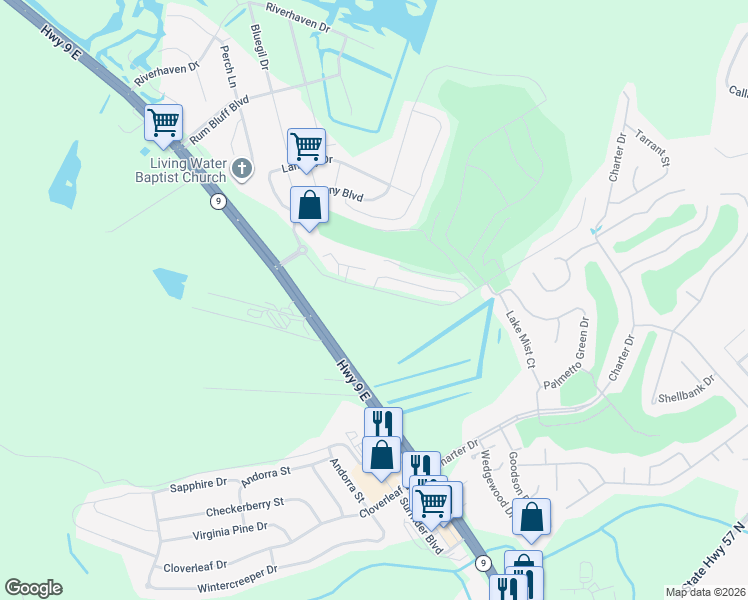 map of restaurants, bars, coffee shops, grocery stores, and more near Sun Colony Boulevard in Little River