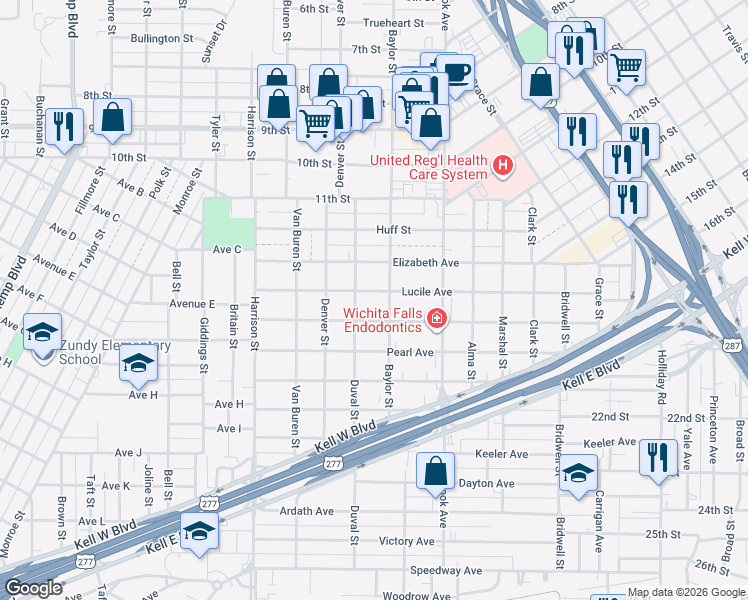 map of restaurants, bars, coffee shops, grocery stores, and more near 1804 Collins Avenue in Wichita Falls
