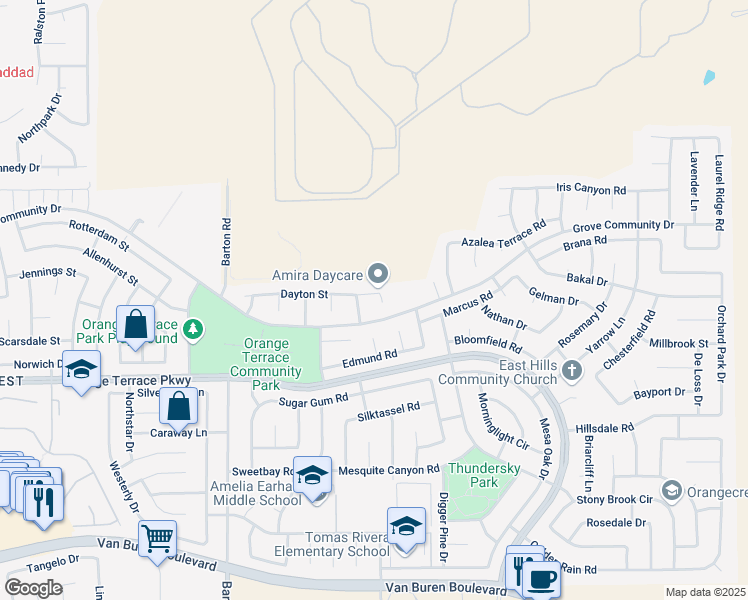 map of restaurants, bars, coffee shops, grocery stores, and more near 8469 Applegate Court in Riverside