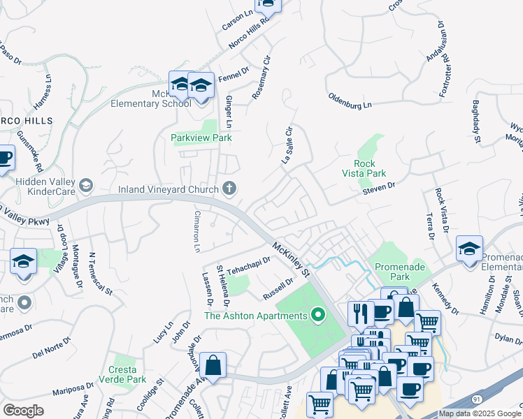 map of restaurants, bars, coffee shops, grocery stores, and more near 2169 Cedar Glen Circle in Corona