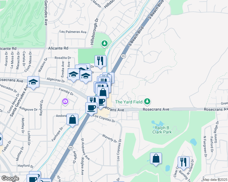 map of restaurants, bars, coffee shops, grocery stores, and more near in Fullerton