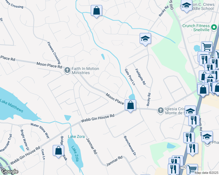 map of restaurants, bars, coffee shops, grocery stores, and more near 1885 Milfield Circle in Snellville
