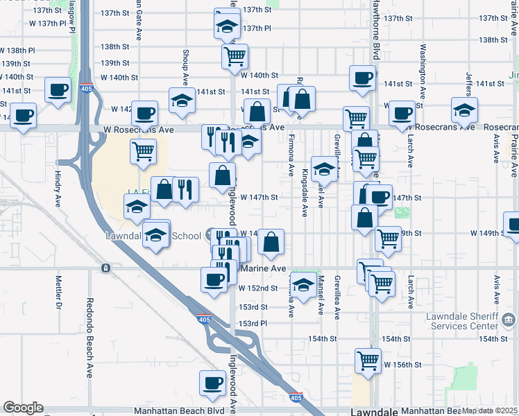 map of restaurants, bars, coffee shops, grocery stores, and more near 14715 Condon Avenue in Lawndale