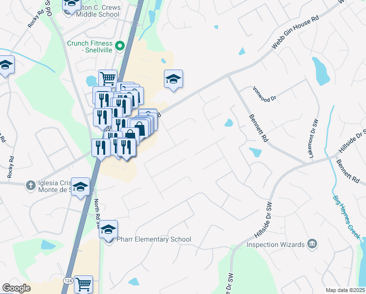 map of restaurants, bars, coffee shops, grocery stores, and more near 1463 Stratford Hall Court in Grayson